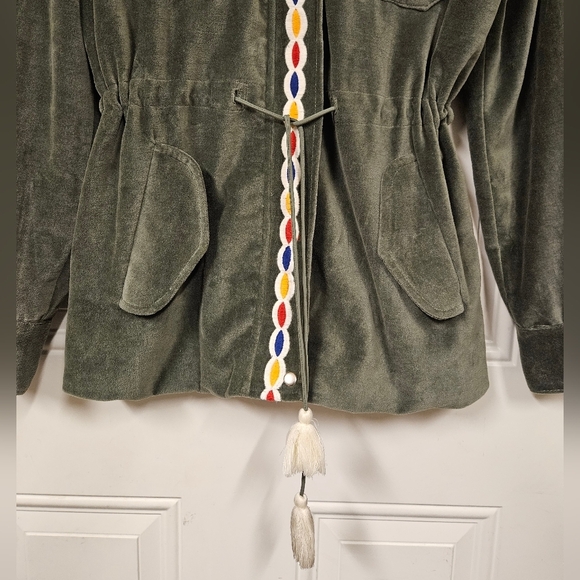 Anthro Aztec South Western Embroidered Tassel Olive Velvet Parka Jacket size M - Picture 6 of 16